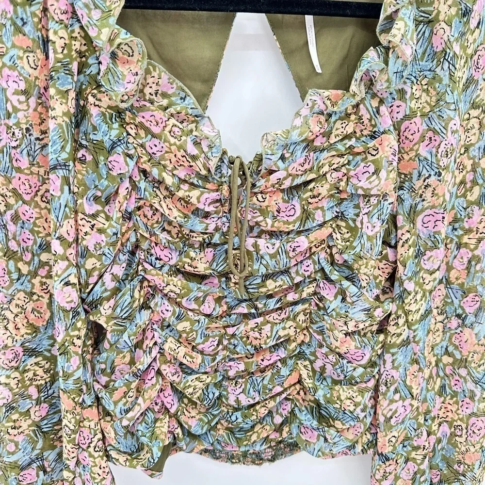 FREE PEOPLE MED Mabel garden combo woman ruch puff sleeve milkmaid floral blouse